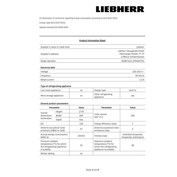 LIEBHERR - Einbaukombination 5121 Kellerfach BioFresh IRCBf - Plus